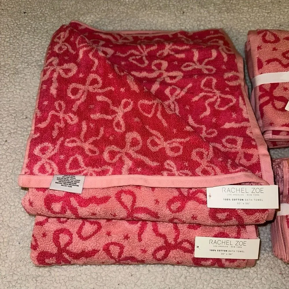 Rachel Zoe Bath Towel Set Pink Reversible Feminine Girly Bow Pattern NWT